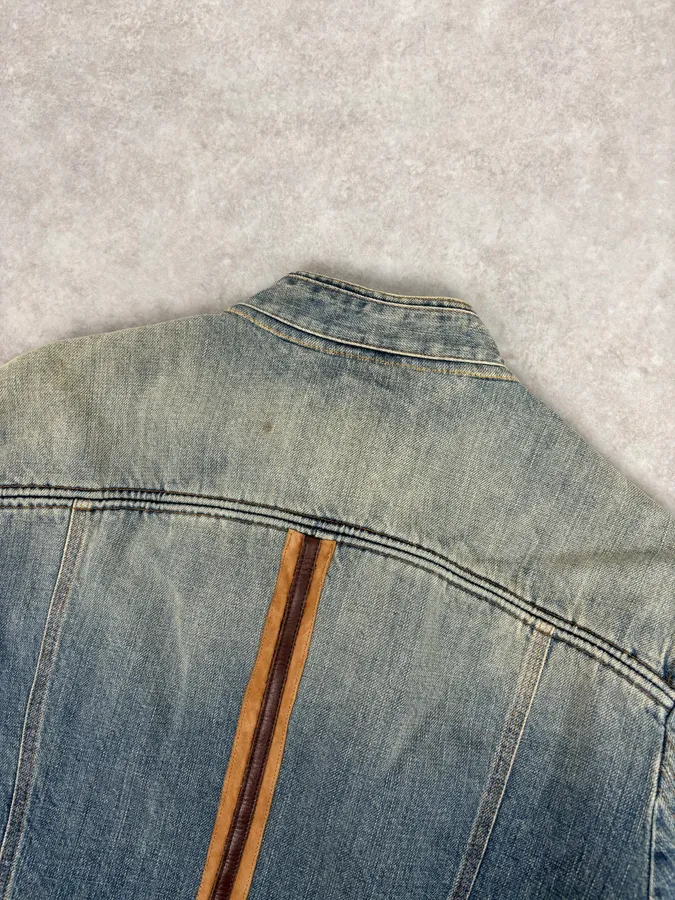 AW2005 Dolce & Gabbana Asymmetrical Zip Biker Leather & Blue Denim Jacket - Image 7