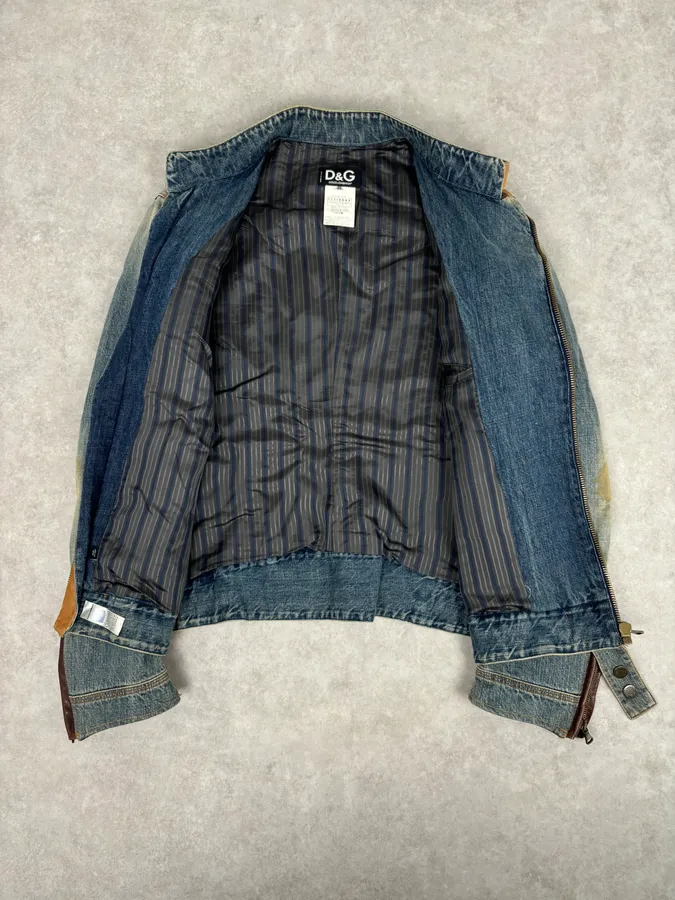 AW2005 Dolce & Gabbana Asymmetrical Zip Biker Leather & Blue Denim Jacket - Image 8