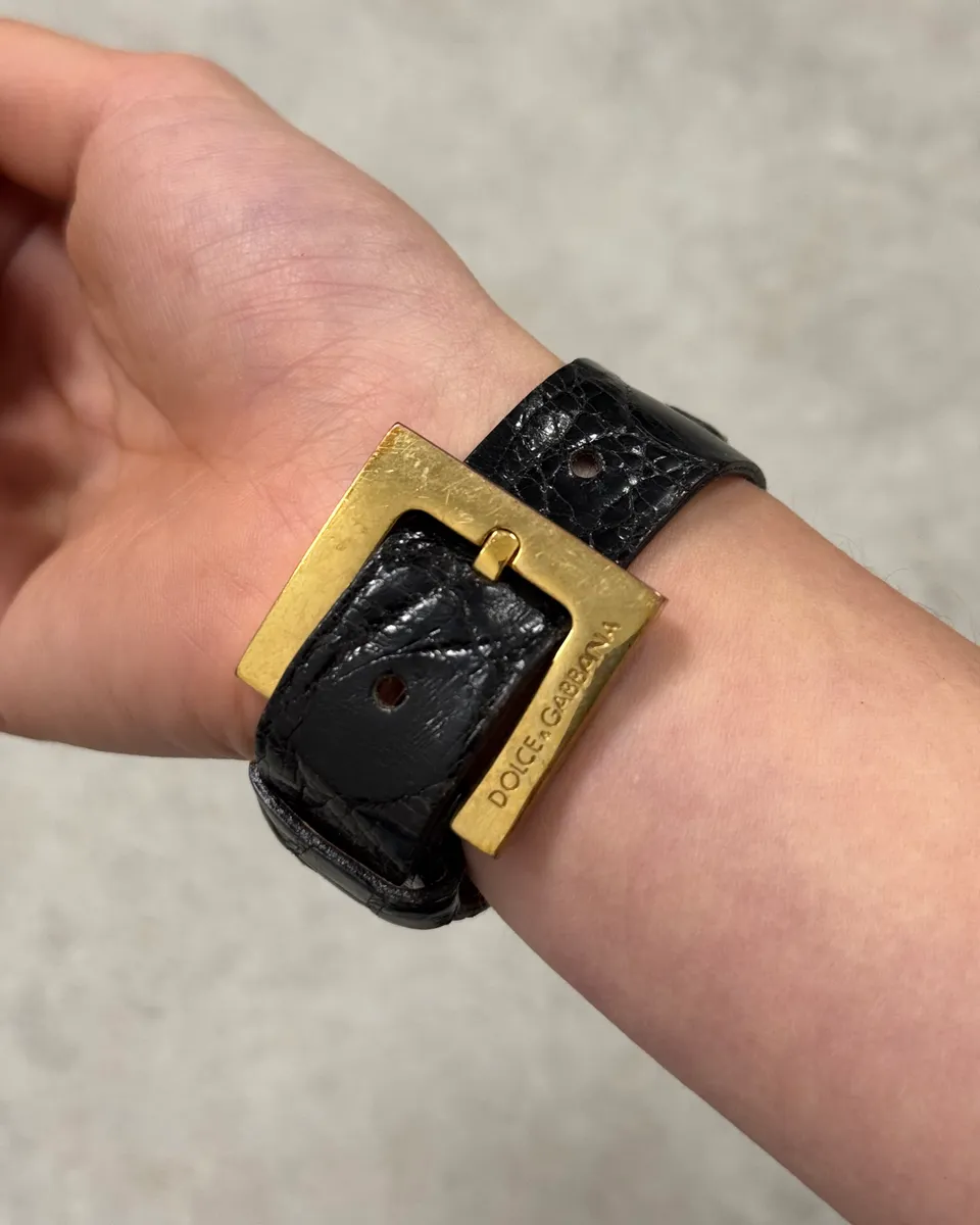 AW2005 Dolce & Gabbana Black Leather Gold DG Logo Bracelet - Image 4