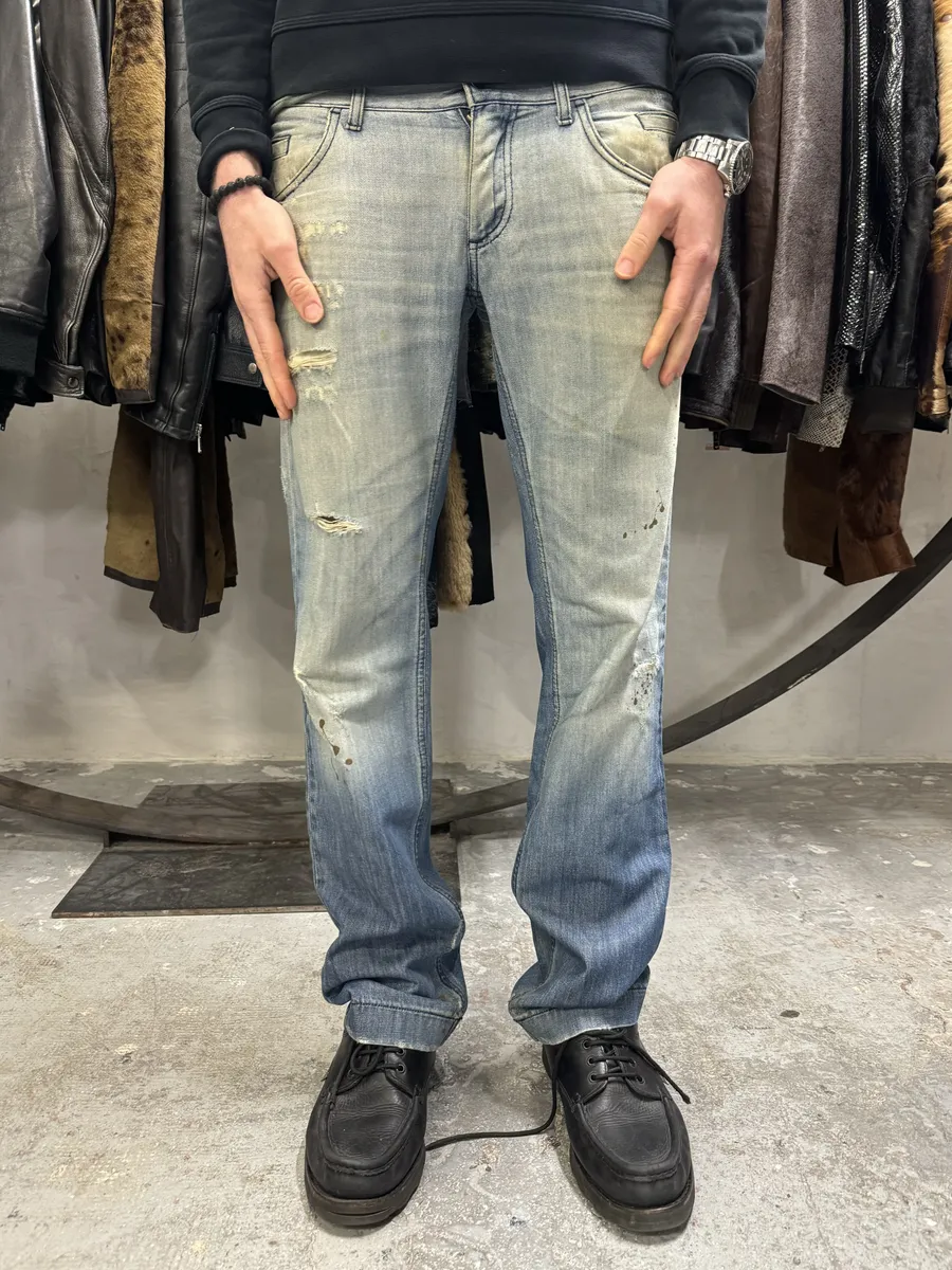 AW2005 Dolce & Gabbana Blue Denim Faded Painted Jeans