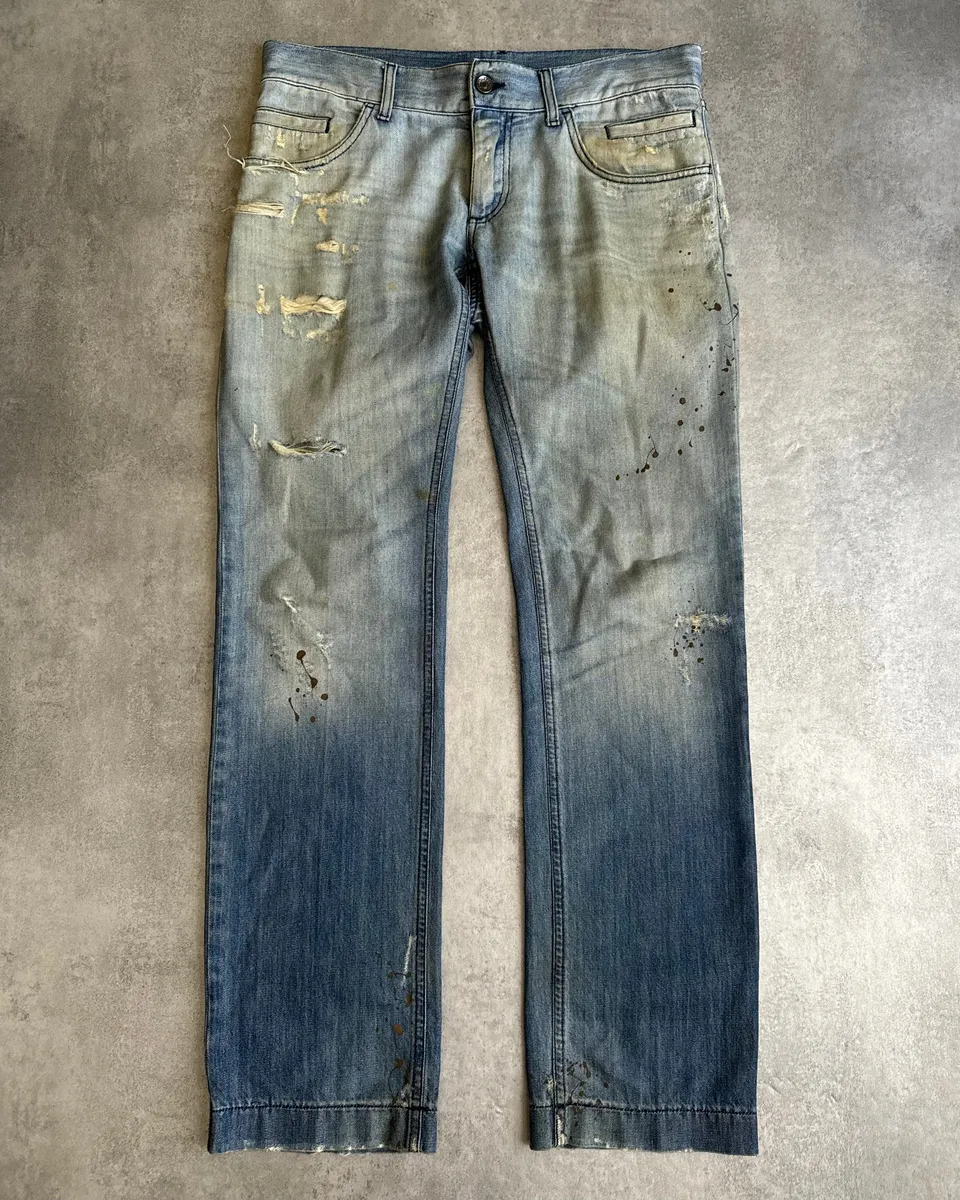 AW2005 Dolce & Gabbana Blue Denim Faded Painted Jeans - Image 11
