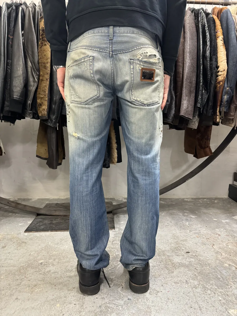 AW2005 Dolce & Gabbana Blue Denim Faded Painted Jeans - Image 3