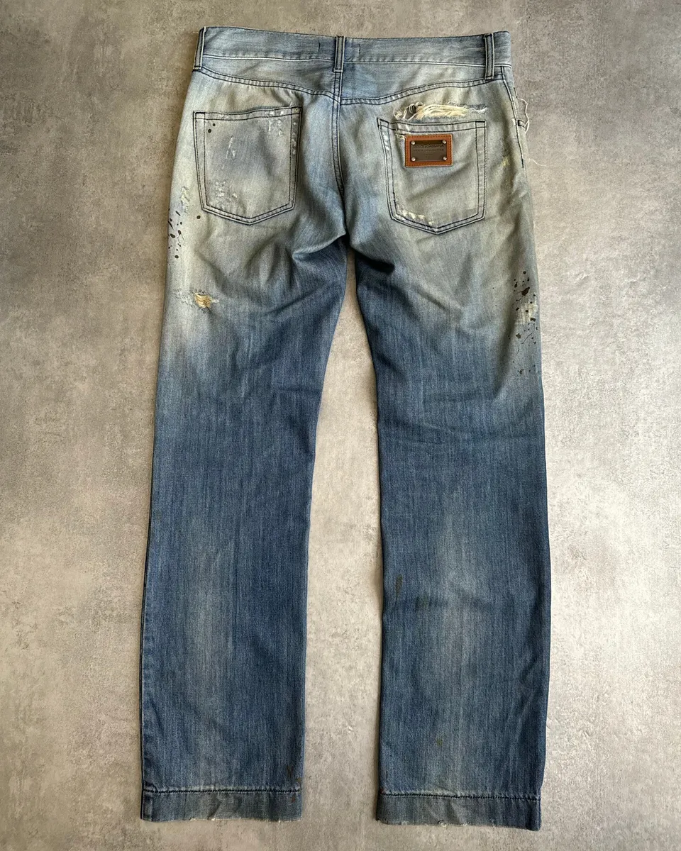 AW2005 Dolce & Gabbana Blue Denim Faded Painted Jeans - Image 5
