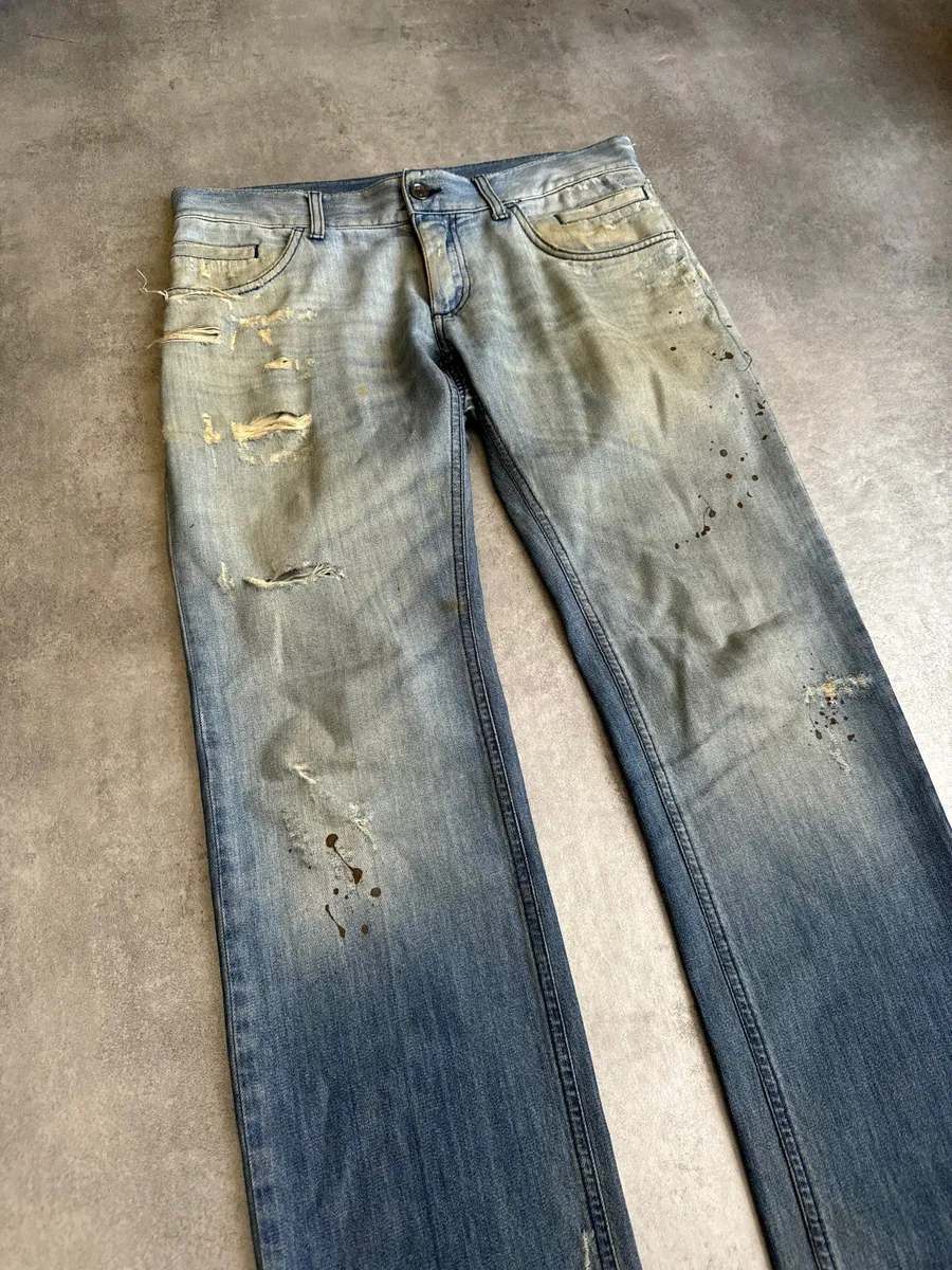 AW2005 Dolce & Gabbana Blue Denim Faded Painted Jeans - Image 8
