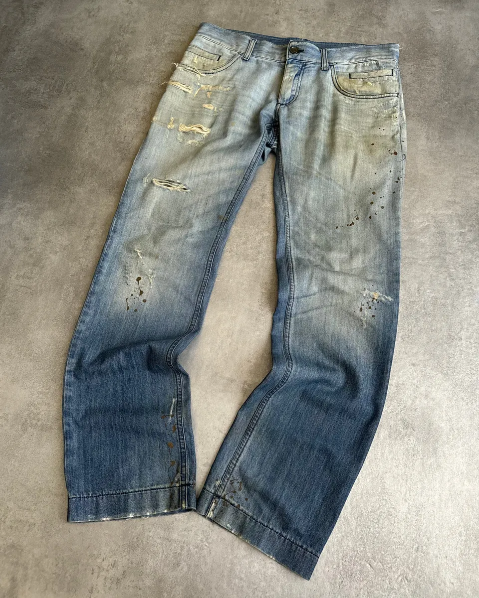AW2005 Dolce & Gabbana Blue Denim Faded Painted Jeans - Image 9