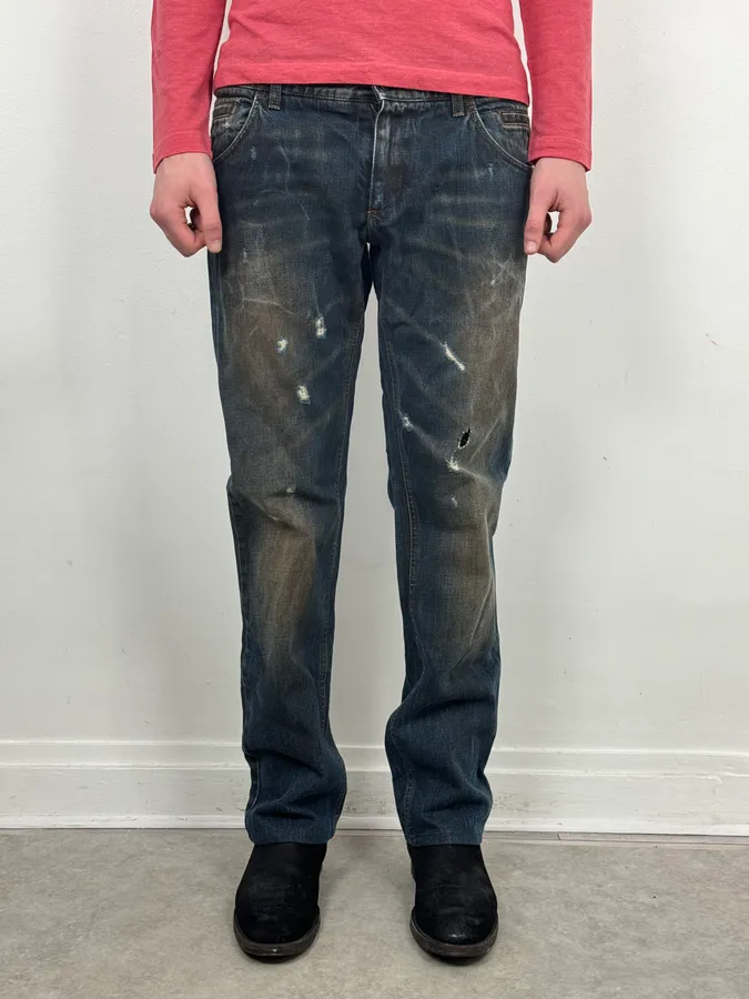 AW2005 Dolce & Gabbana Blue Faded Distressed Denim Jeans - Image 2