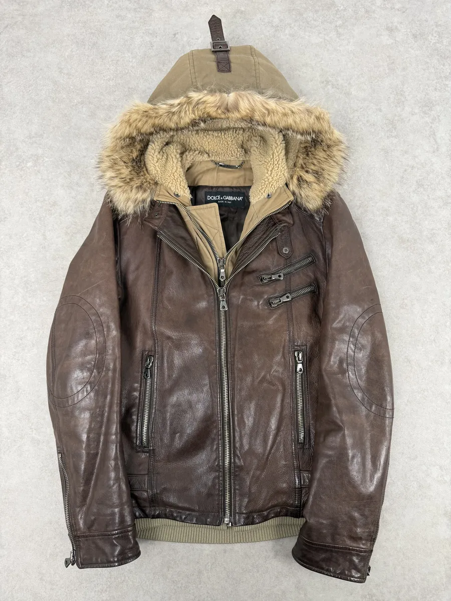 AW2005 Dolce & Gabbana Brown Fur Hooded Buffalo Leather Jacket