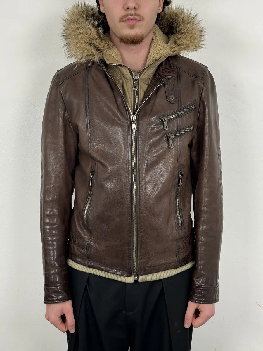 AW2005 Dolce & Gabbana Brown Fur Hooded Buffalo Leather Jacket - Image 3