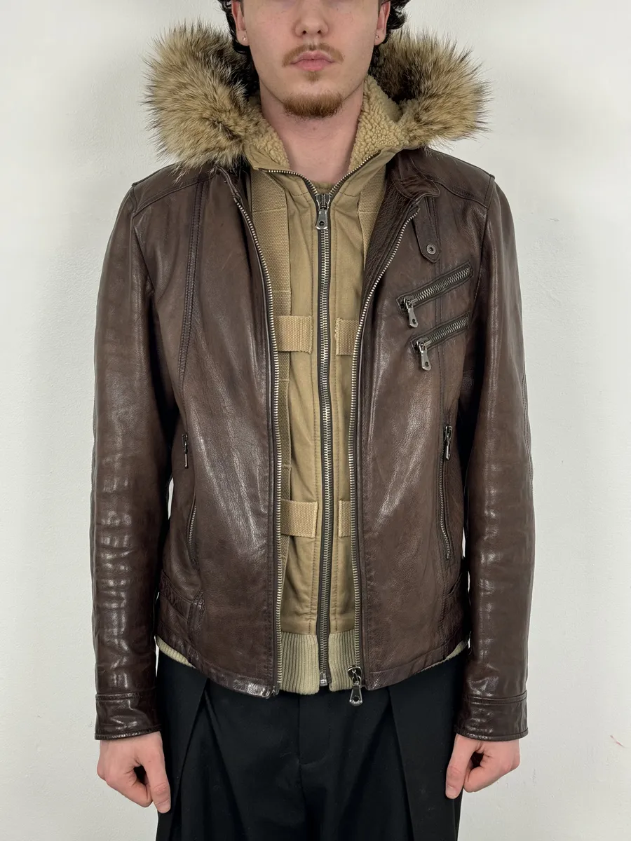 AW2005 Dolce & Gabbana Brown Fur Hooded Buffalo Leather Jacket - Image 4