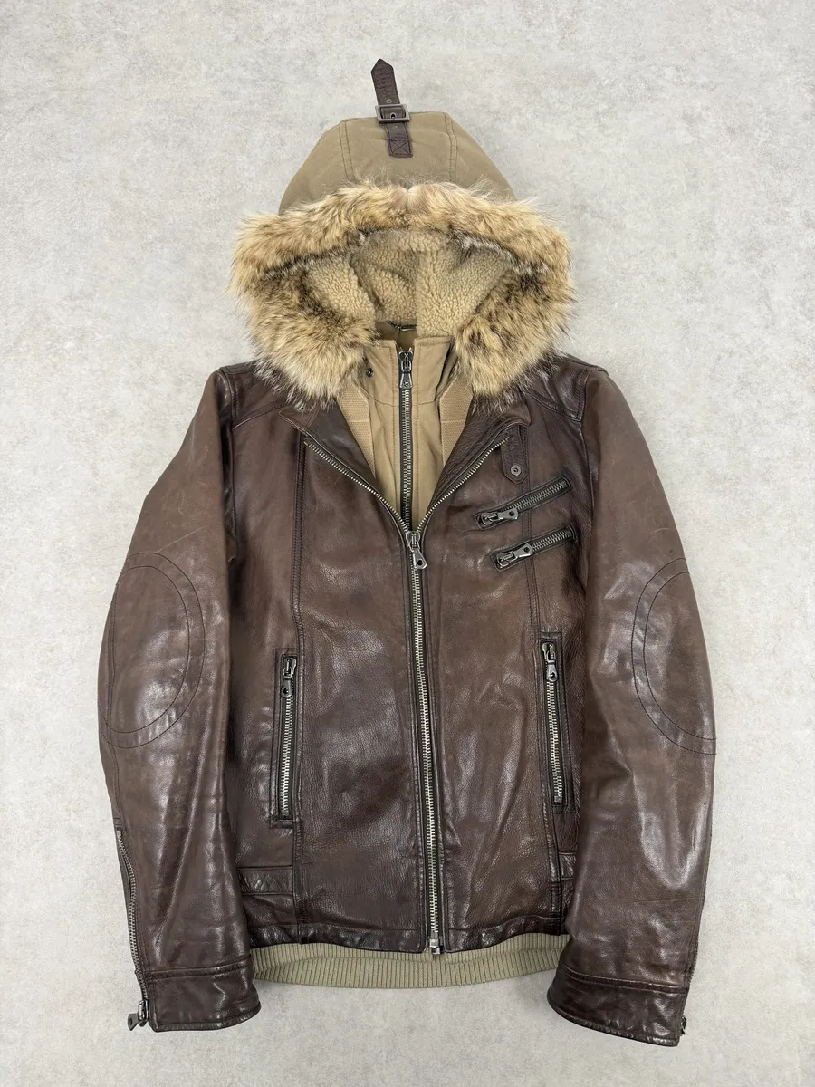 AW2005 Dolce & Gabbana Brown Fur Hooded Buffalo Leather Jacket - Image 5