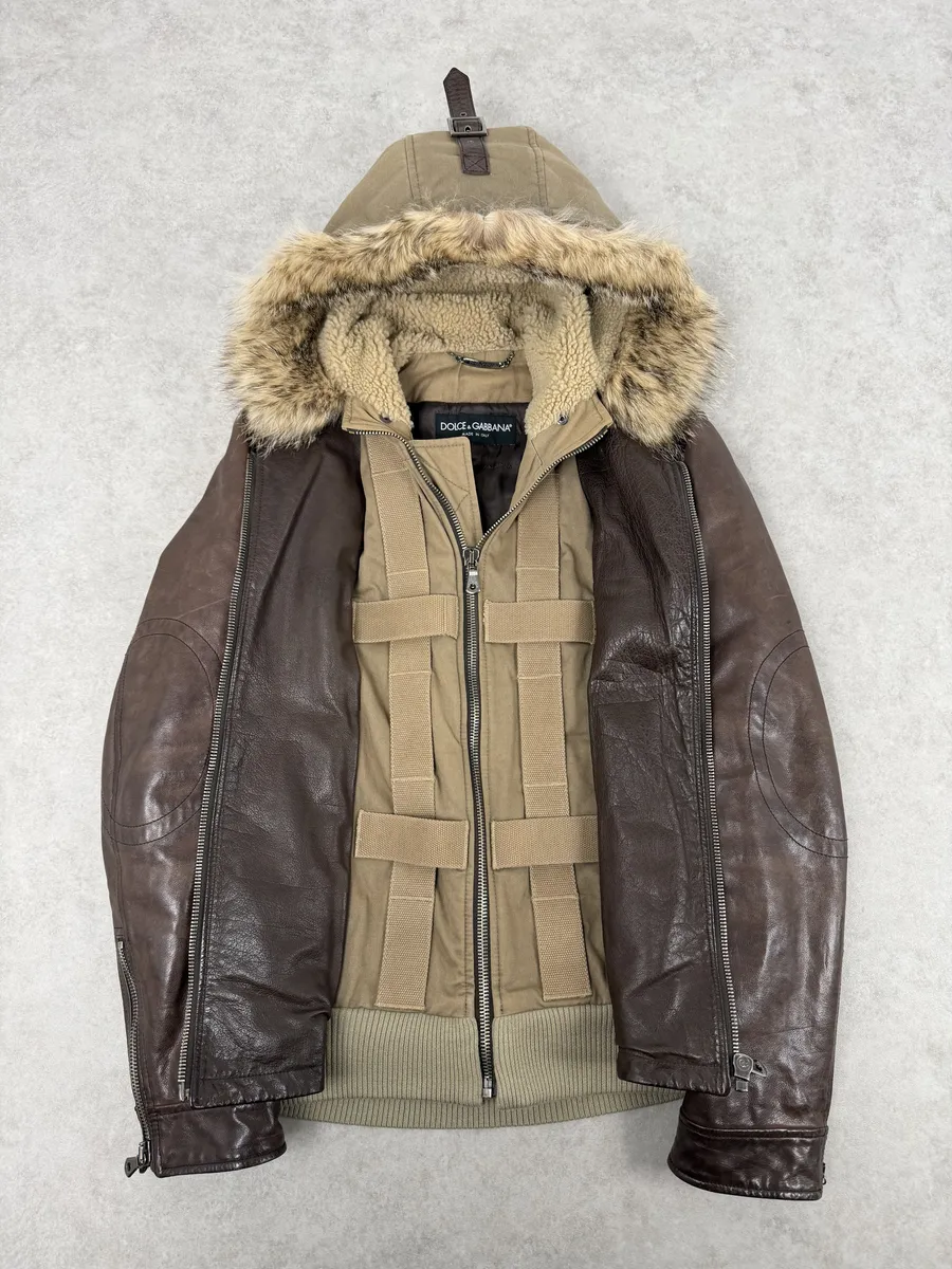 AW2005 Dolce & Gabbana Brown Fur Hooded Buffalo Leather Jacket - Image 6