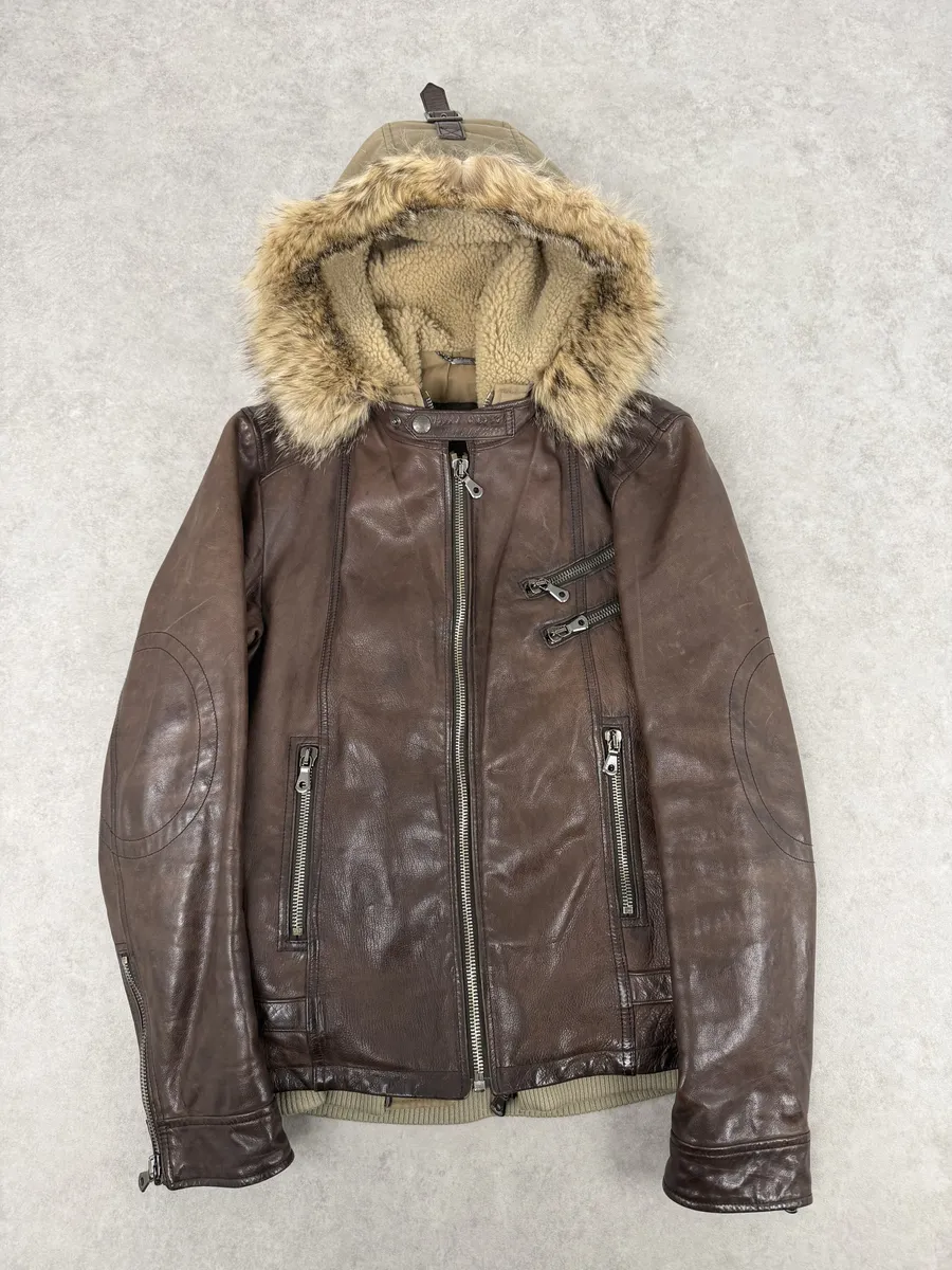 AW2005 Dolce & Gabbana Brown Fur Hooded Buffalo Leather Jacket - Image 9