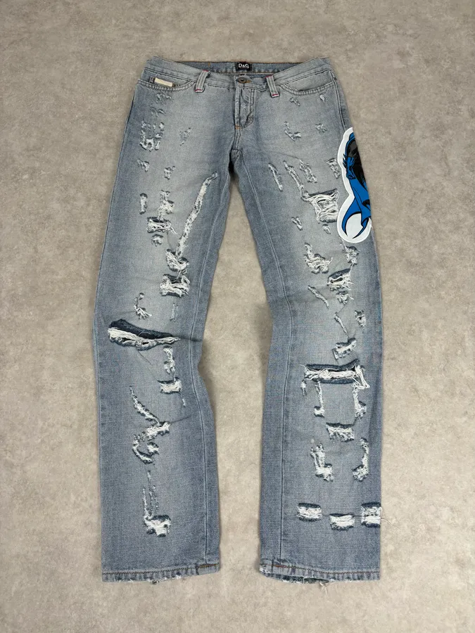 AW2005 Dolce & Gabbana Grey Denim Batman Graphic Distressed Jeans