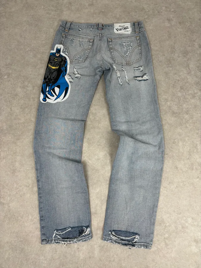 AW2005 Dolce & Gabbana Grey Denim Batman Graphic Distressed Jeans - Image 7