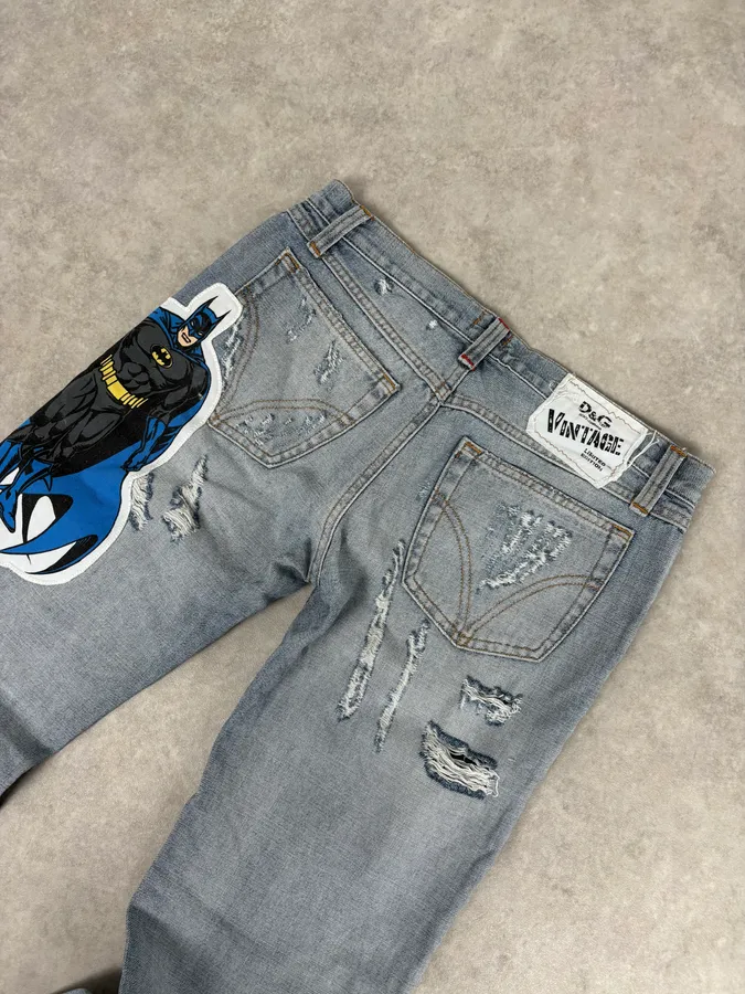 AW2005 Dolce & Gabbana Grey Denim Batman Graphic Distressed Jeans - Image 8