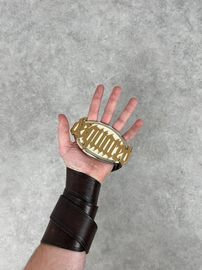 AW2005 Dsquared2 Brown Leather Belt Gold Skeleton Logo Adjustable - Image 3