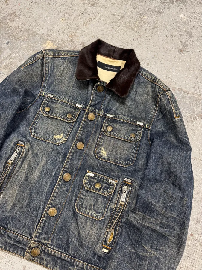 AW2005 Dsquared2 Pony Collar Distressed Denim Jacket - Image 3