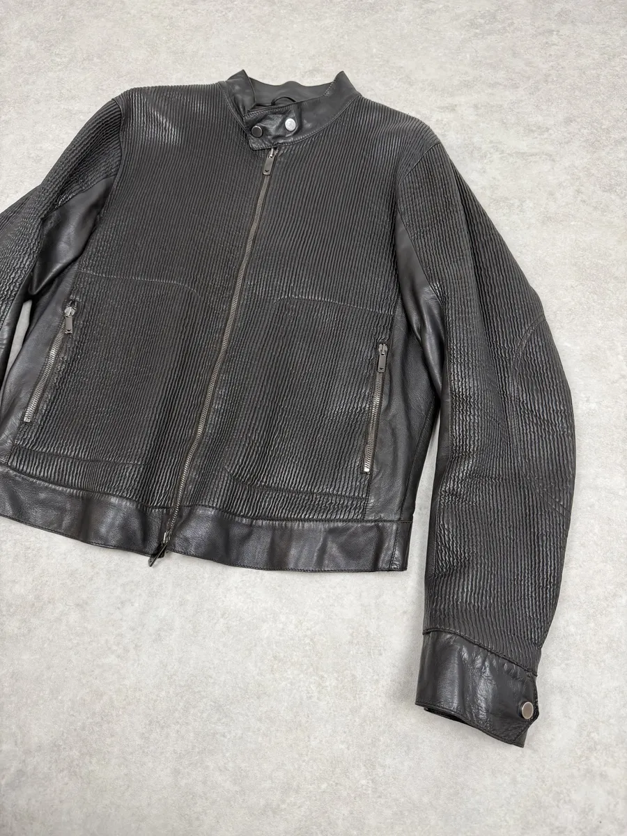 AW2005 Emporio Armani Biker Black Lines Leather Jacket - Image 6