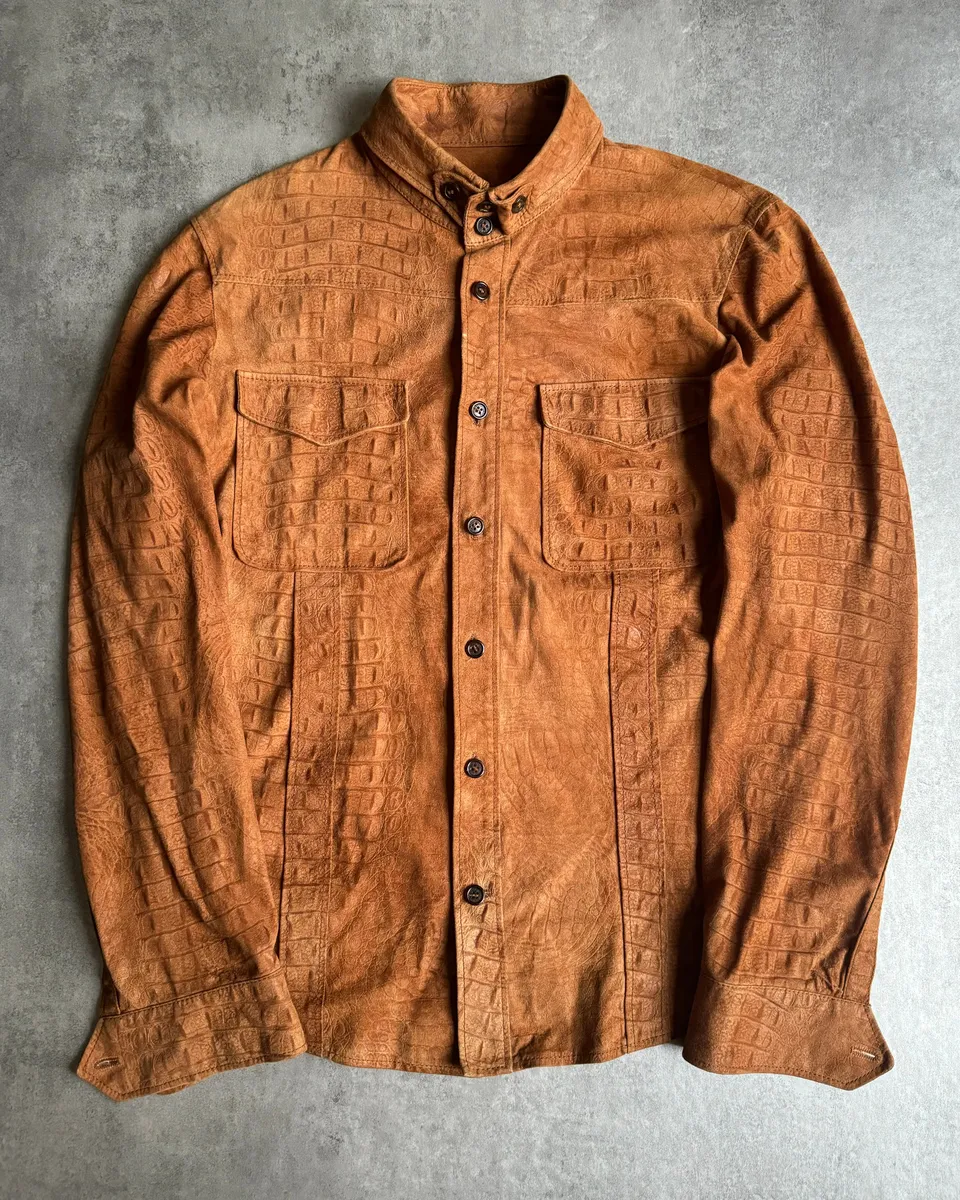 AW2005 Roberto Cavalli Crocodile Effect Relief Camel Leather Shirt - Image 3