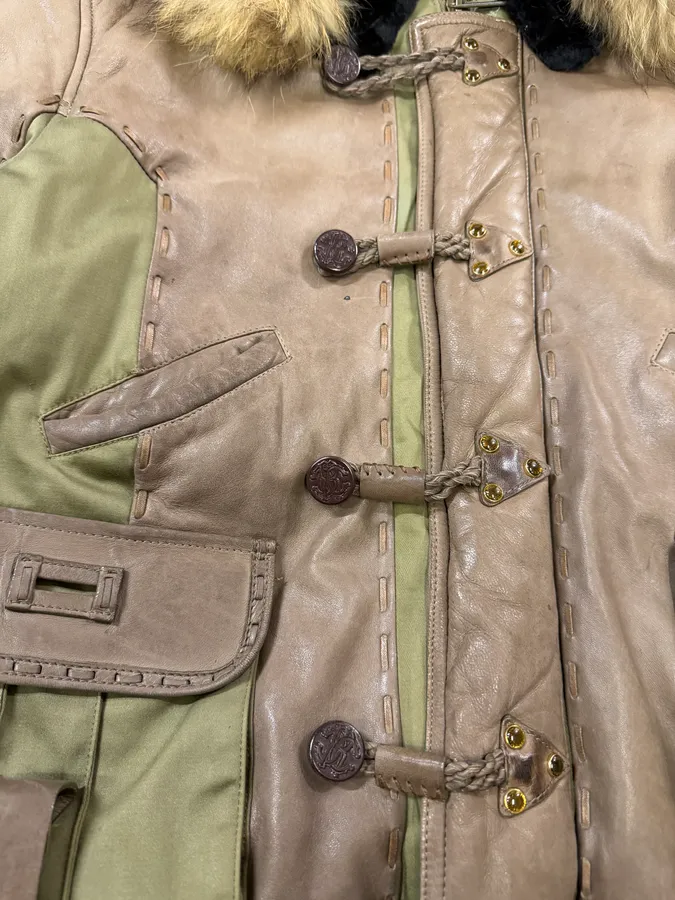 AW2005 Roberto Cavalli Leather & Nylon Green & Grey Bomber Jacket - Image 11