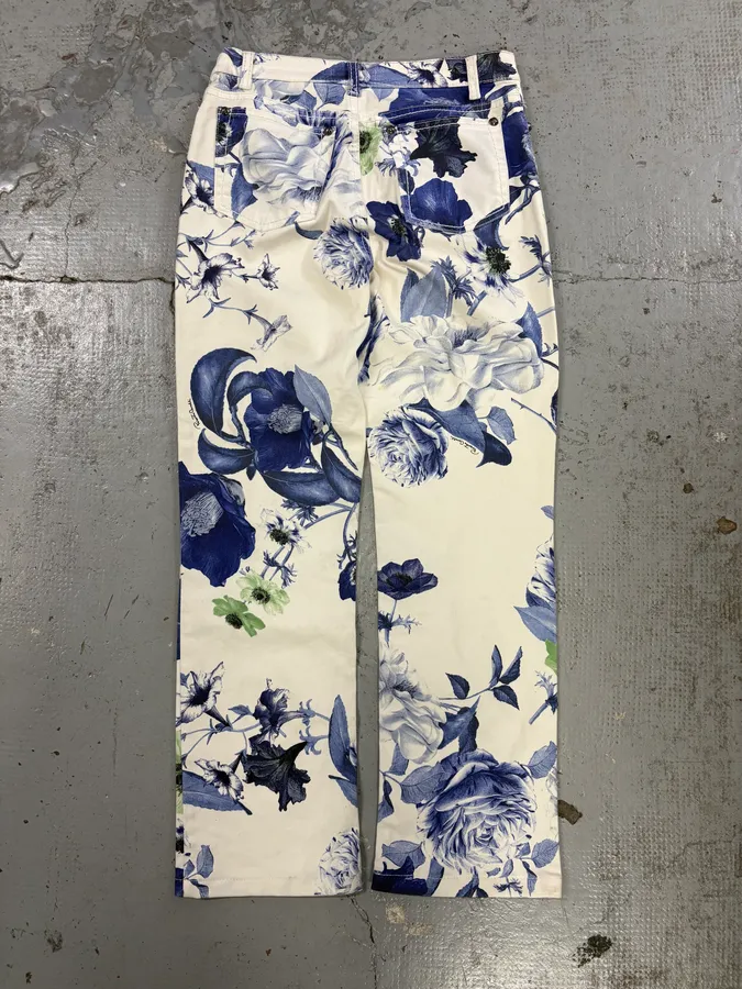 AW2005 Roberto Cavalli White Blue Floral Pants - Image 6