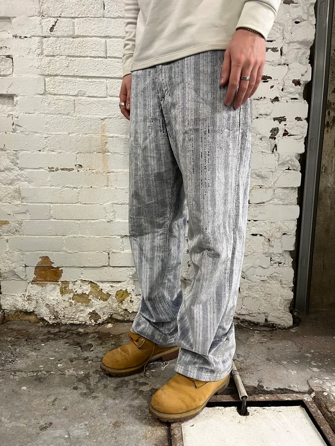 AW2005 Versace White & Blue Irregular Corduroy Pants - Image 2