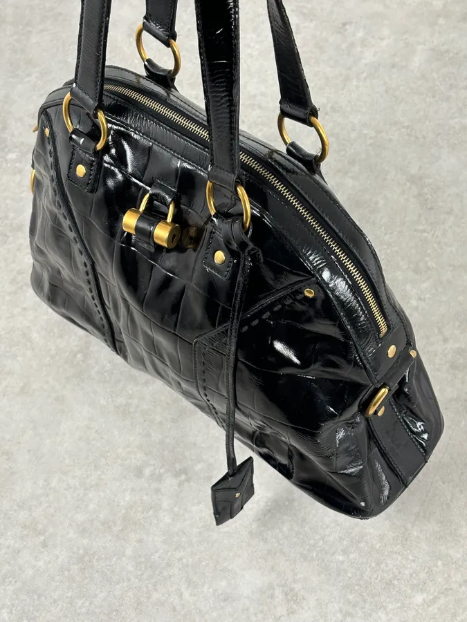 AW2005 Yves Saint Laurent Black Muse Patent Leather Crocodile Effect Bag - Image 11