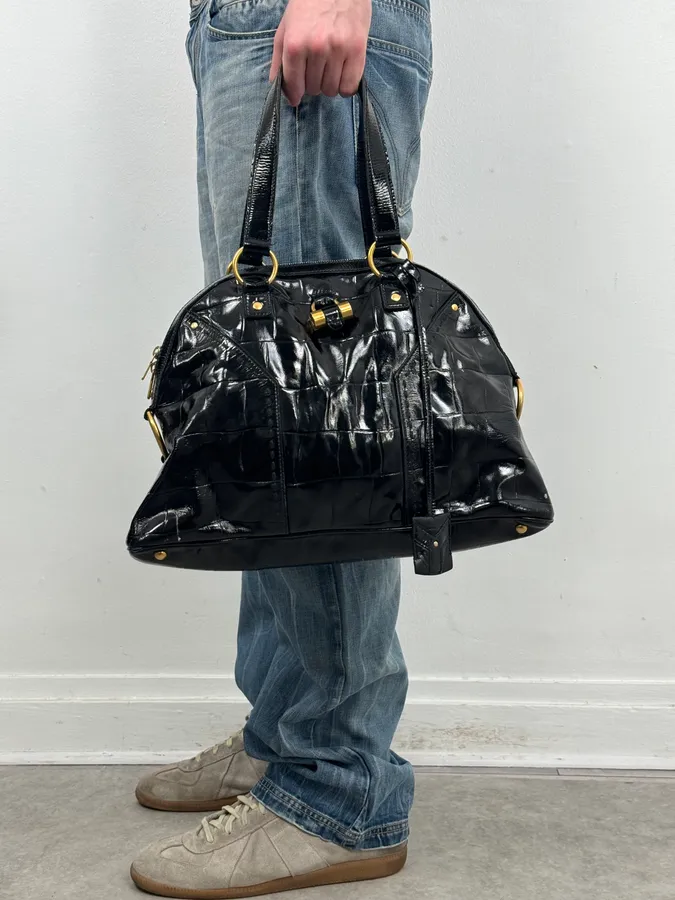 AW2005 Yves Saint Laurent Black Muse Patent Leather Crocodile Effect Bag - Image 3