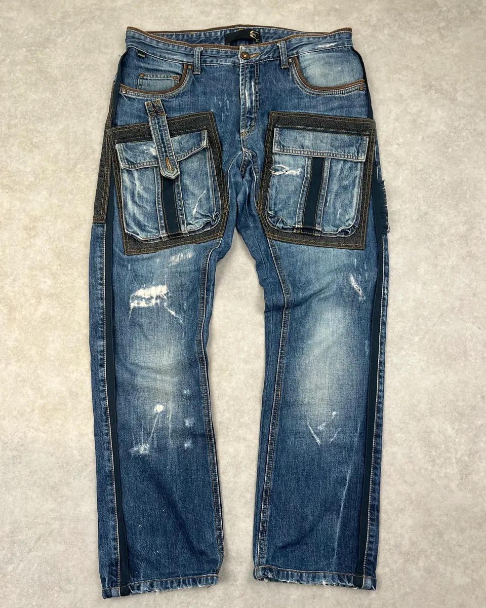 AW2006 Cavalli Blue Denim Cargo Stitched Distressed Jeans