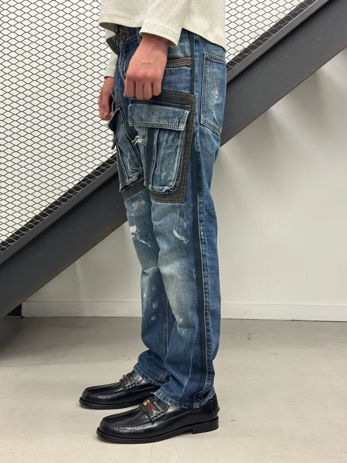 AW2006 Cavalli Blue Denim Cargo Stitched Distressed Jeans - Image 3