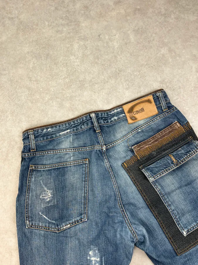 AW2006 Cavalli Blue Denim Cargo Stitched Distressed Jeans - Image 7