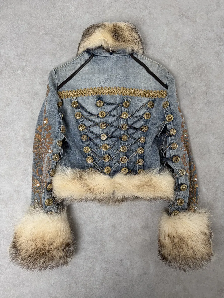 AW2006 Cavalli Blue Denim Royal Napoleon Fur Officer Jacket - Image 3