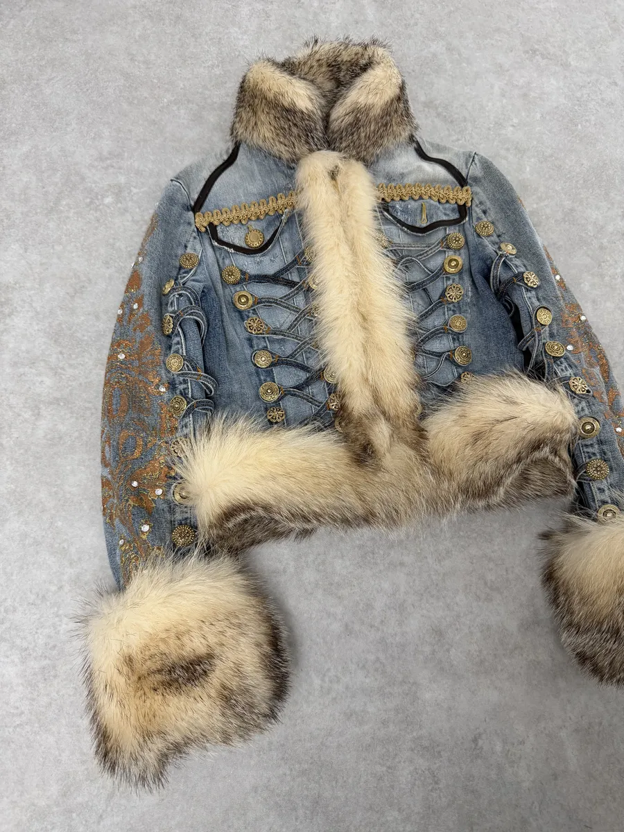 AW2006 Cavalli Blue Denim Royal Napoleon Fur Officer Jacket - Image 8