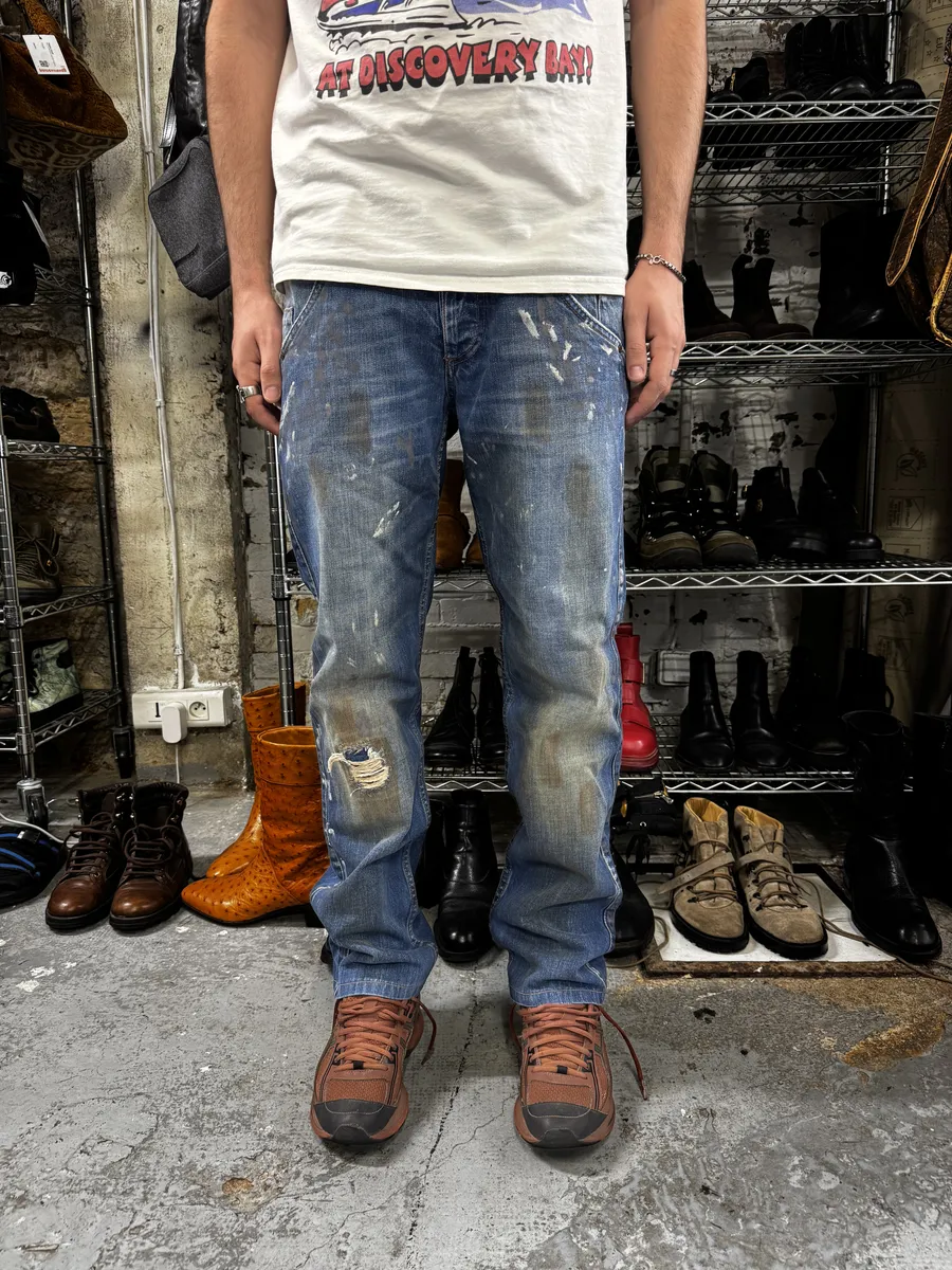 AW2006 Dolce & Gabbana Dirty Blue Painted Blue Denim Jeans - Image 4