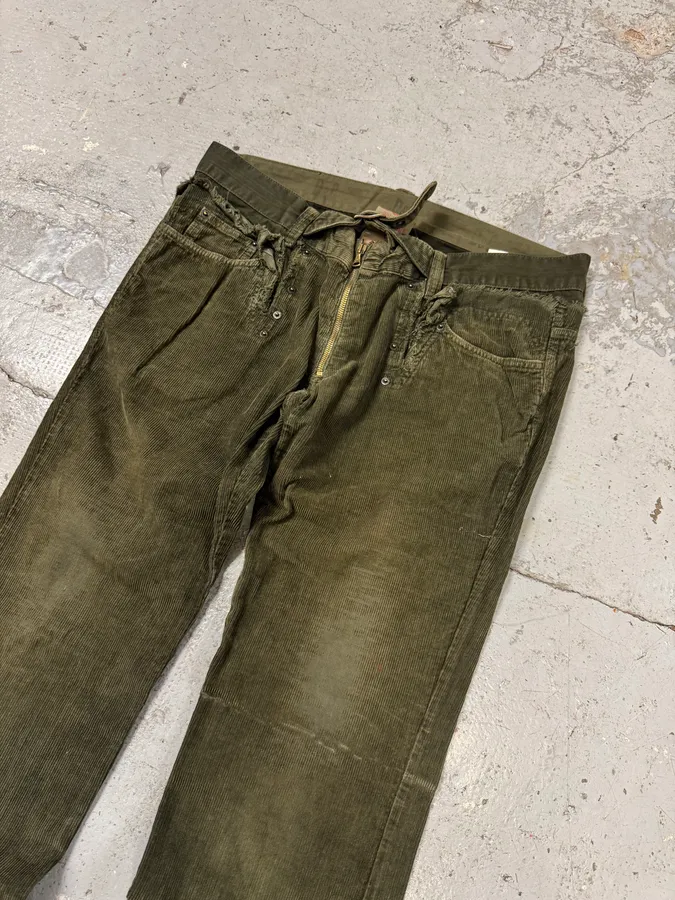 AW2006 Dolce & Gabbana Khaki Velvet Distressed Zip Pants - Image 4
