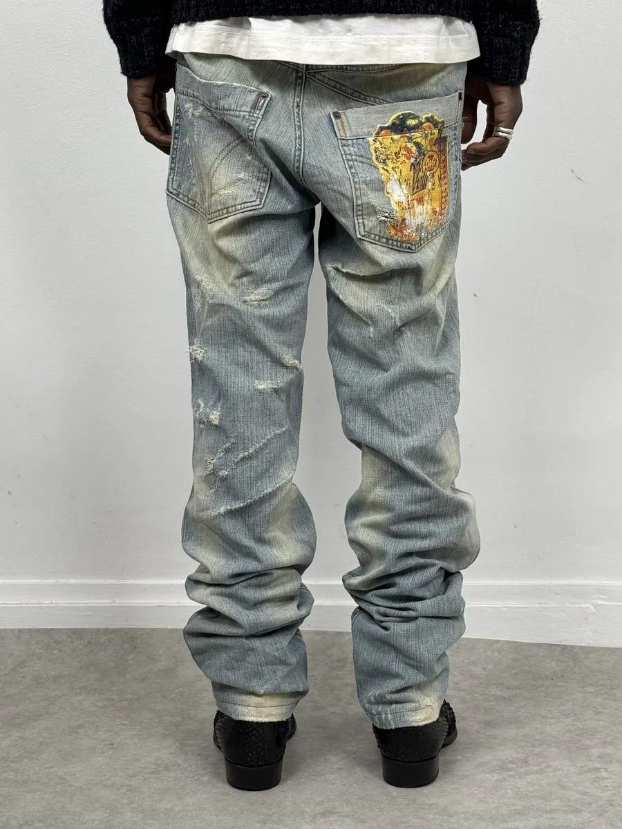 AW2006 Dolce & Gabbana Yellow Printed Blue Distressed Denim Jeans