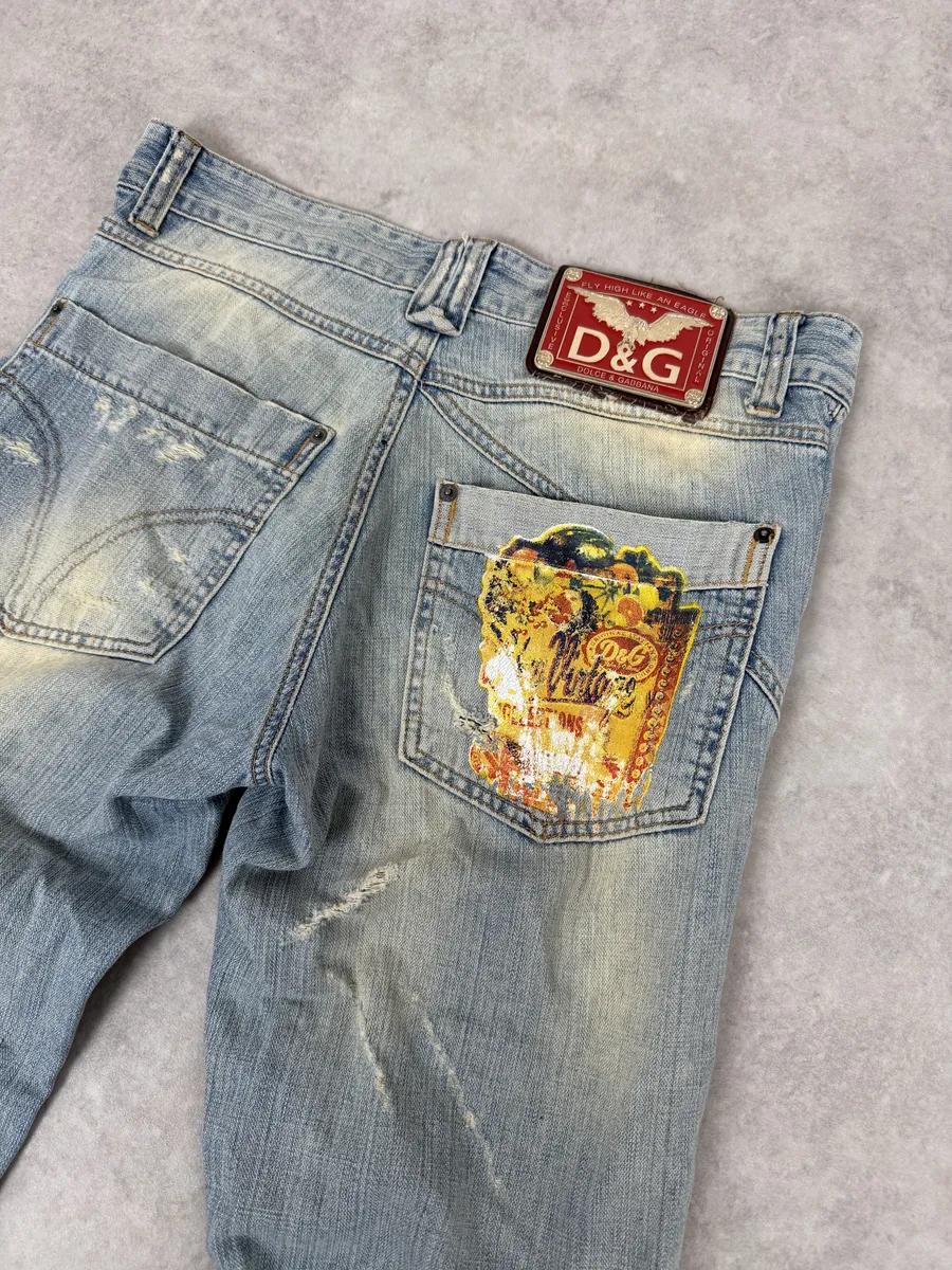 AW2006 Dolce & Gabbana Yellow Printed Blue Distressed Denim Jeans - Image 10