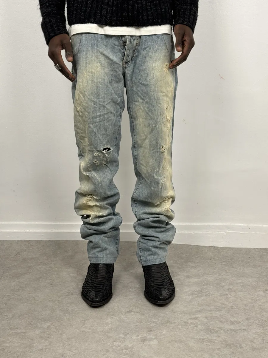 AW2006 Dolce & Gabbana Yellow Printed Blue Distressed Denim Jeans - Image 2