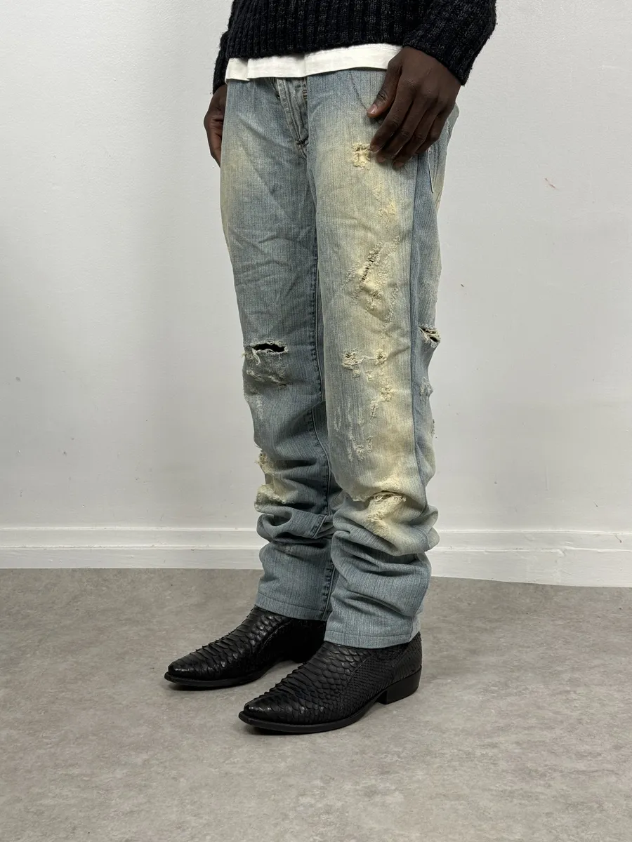 AW2006 Dolce & Gabbana Yellow Printed Blue Distressed Denim Jeans - Image 3