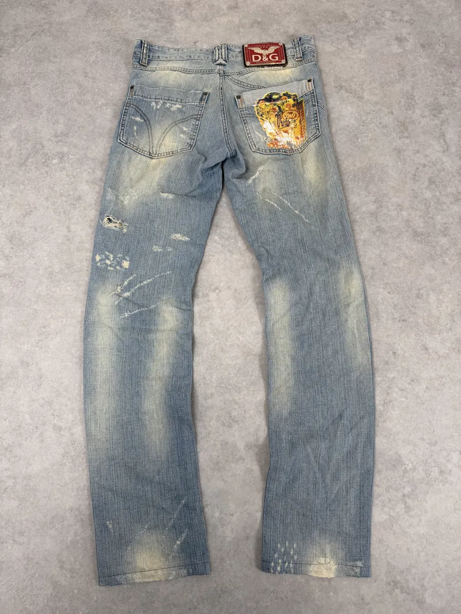 AW2006 Dolce & Gabbana Yellow Printed Blue Distressed Denim Jeans - Image 4