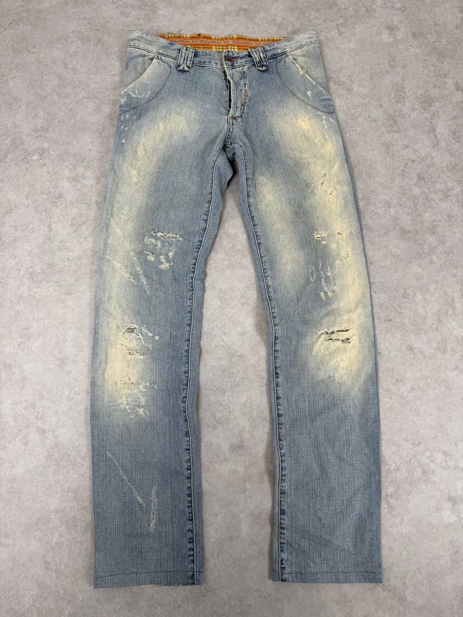 AW2006 Dolce & Gabbana Yellow Printed Blue Distressed Denim Jeans - Image 5