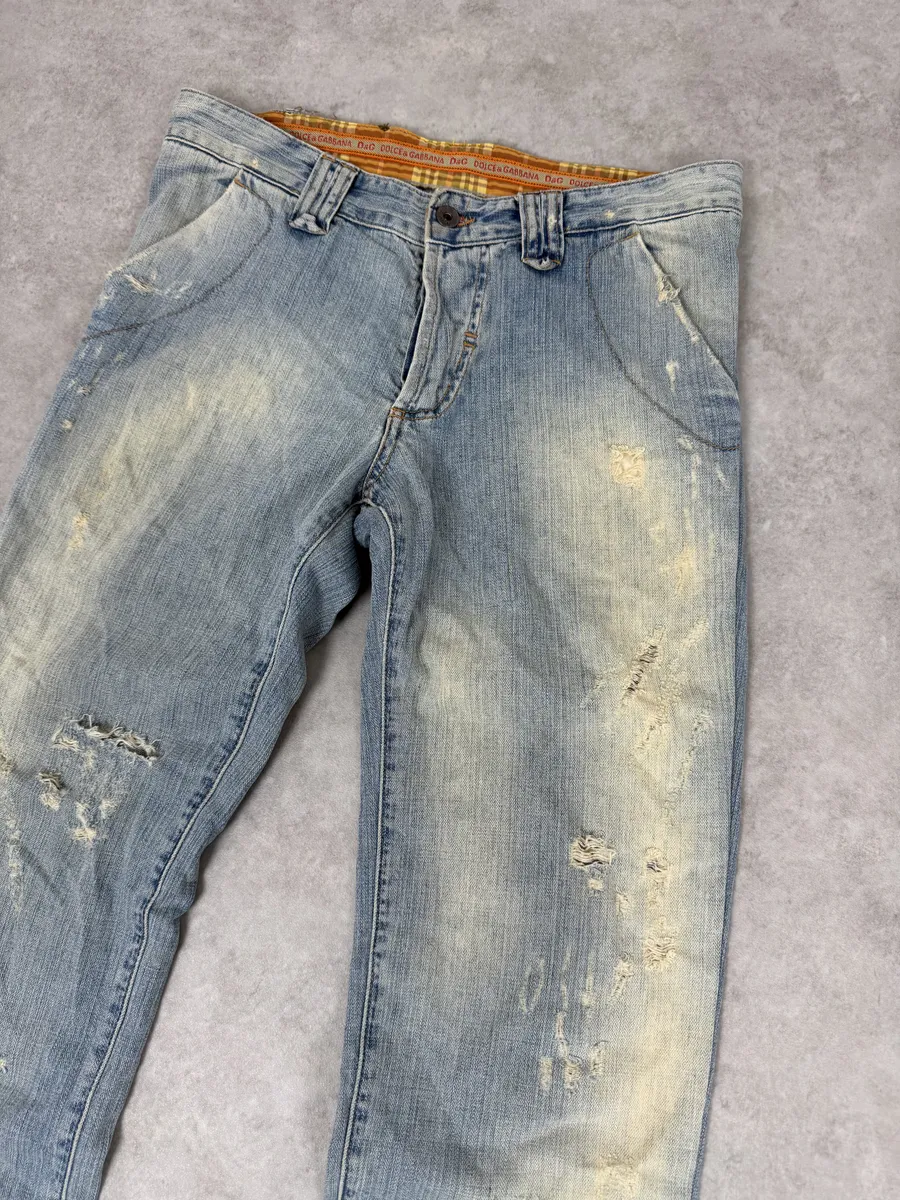 AW2006 Dolce & Gabbana Yellow Printed Blue Distressed Denim Jeans - Image 6