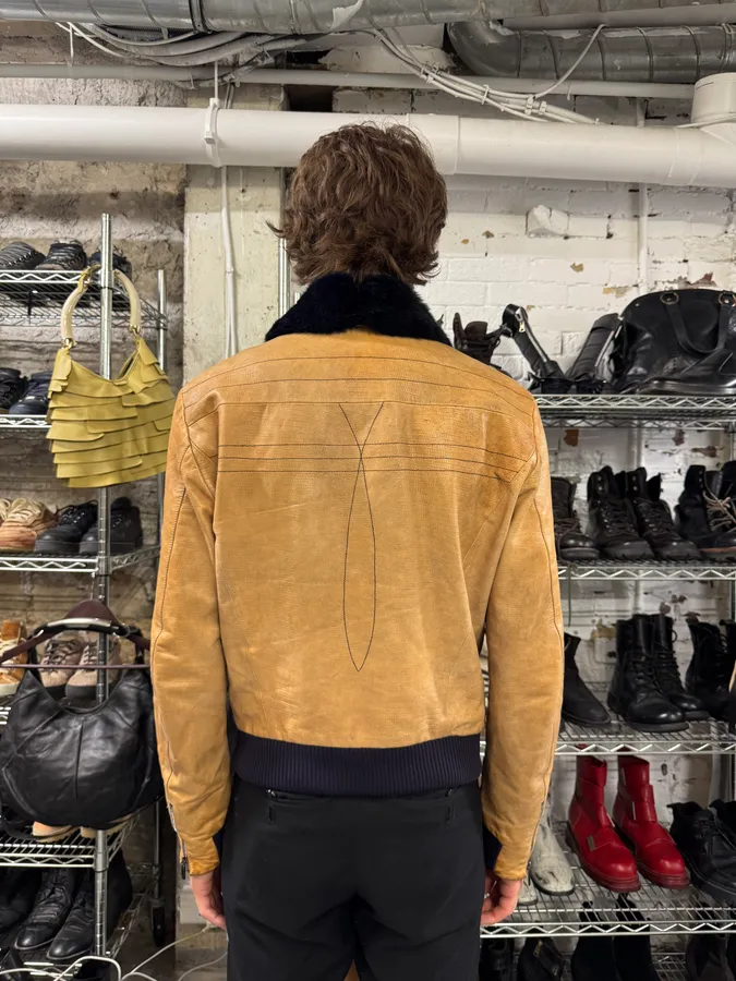 AW2006 Emporio Armani Camel Yellow Fur Collar Leather Jacket - Image 3
