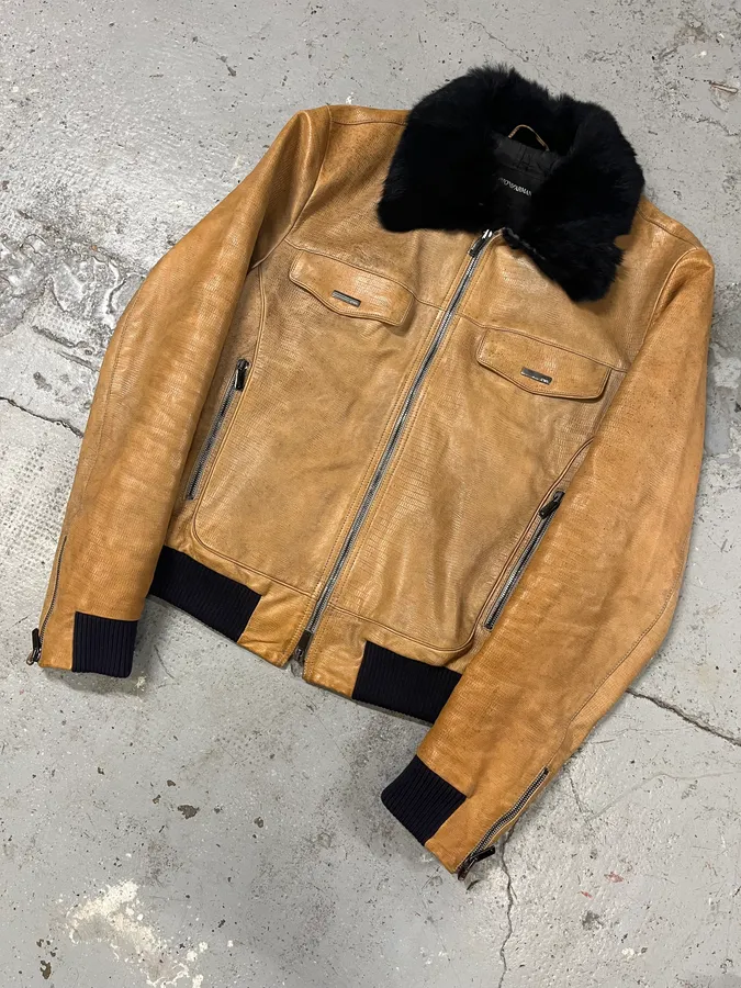 AW2006 Emporio Armani Camel Yellow Fur Collar Leather Jacket - Image 4