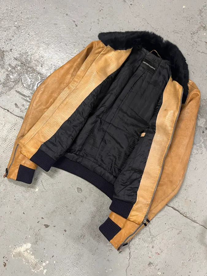 AW2006 Emporio Armani Camel Yellow Fur Collar Leather Jacket - Image 5
