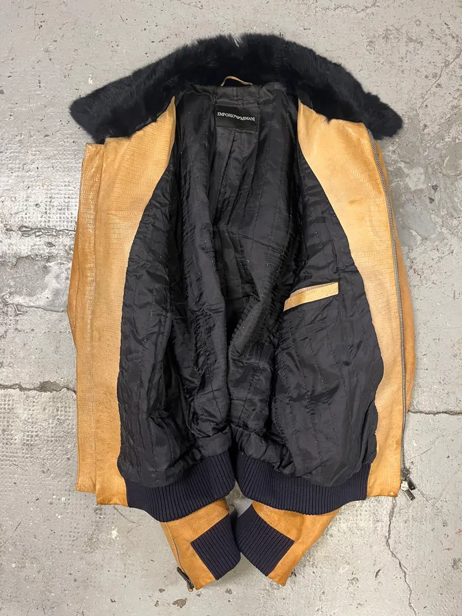 AW2006 Emporio Armani Camel Yellow Fur Collar Leather Jacket - Image 6