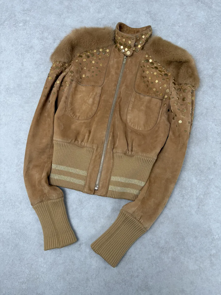 AW2006 Gucci Beige Suede Studded Leather Jacket by Frida Giannini - Image 6