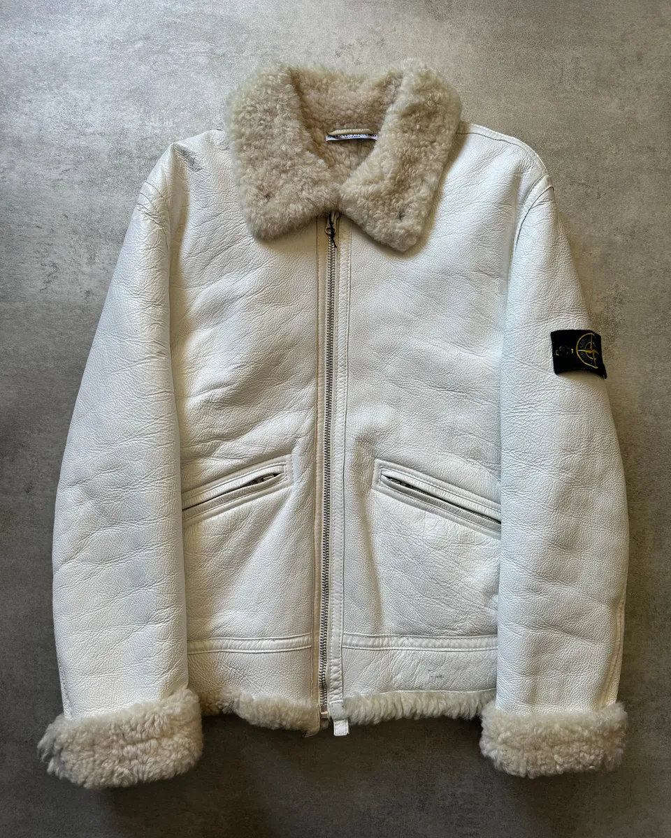AW2006 Stone Island Hand Painted Sheepskin White Shearling Leather Jacket