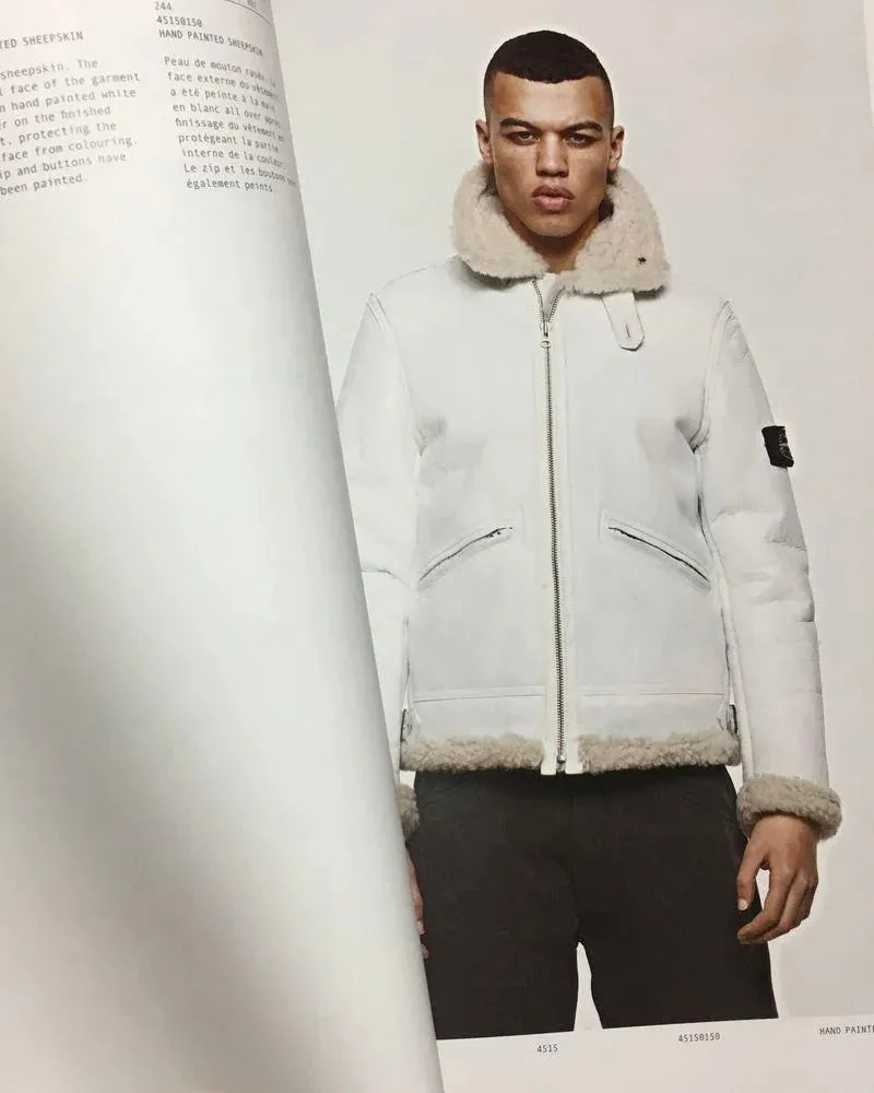 AW2006 Stone Island Hand Painted Sheepskin White Shearling Leather Jacket - Image 2
