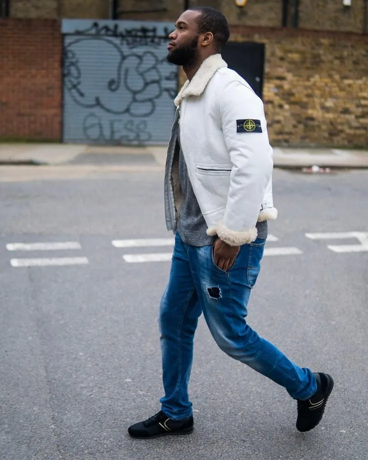 AW2006 Stone Island Hand Painted Sheepskin White Shearling Leather Jacket - Image 4